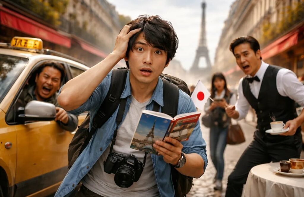 A high-angle shot of a male tourist standing in a crowded Parisian street with the Eiffel Tower in the far background. He appears overwhelmed and confused while looking at a city map or guidebook, surrounded by the blurred movement of people, illustrating the psychological phenomenon known as Paris Syndrome.
