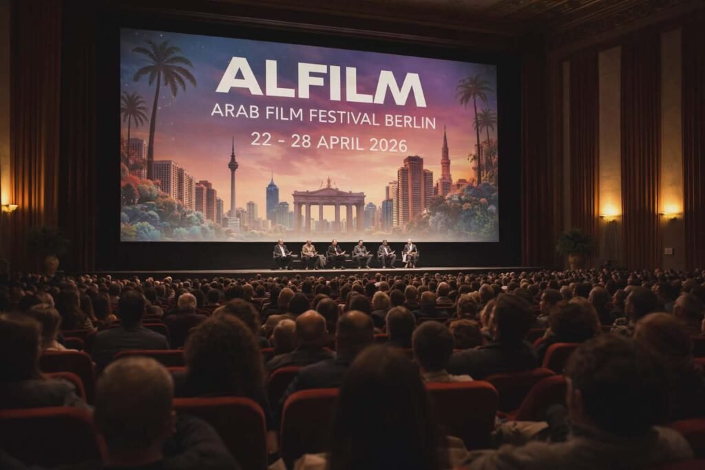 A sophisticated cinematic visual concept showing the fusion of Arab film elements with the artistic atmosphere of Berlin. It features abstract film reels overlapping with Berlin's urban landmarks, emphasizing the theme of "Arabic Cinema in the Heart of the Aesthetic Debate".