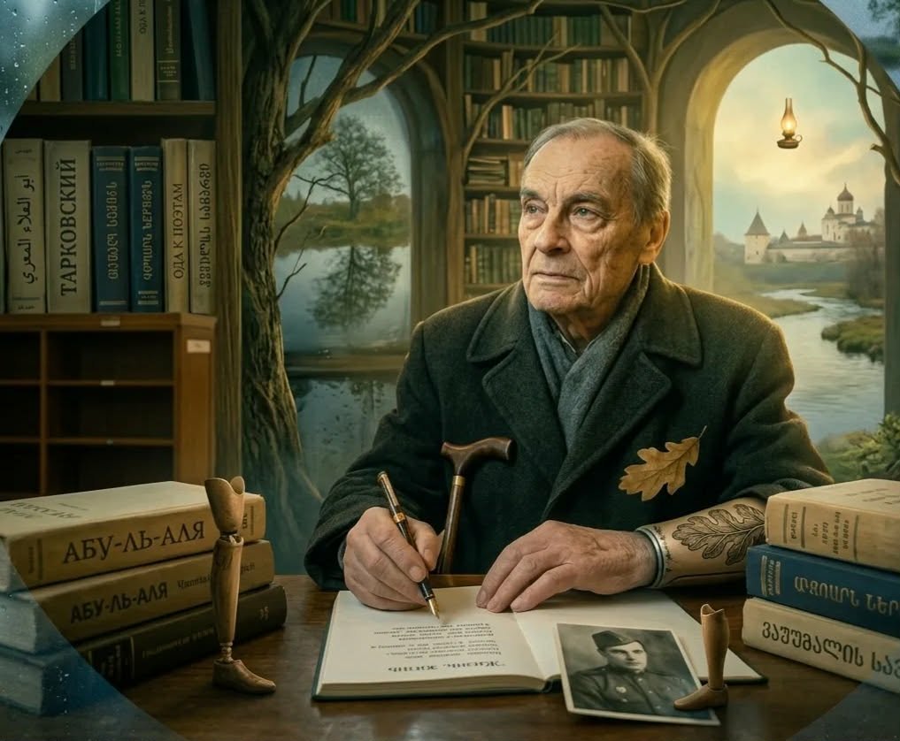 أرسيني تاركوفسكي: تتبعنا مصائرنا مثل مجنونٍ بشفرةٍ في يده بورتريه واقعي للشاعر الروسي آرسيني تاركوفسكي بملامح وقورة، يجلس في مكتبة عريقة تعكس شغفه بالأدب والموسيقى والترجمة
