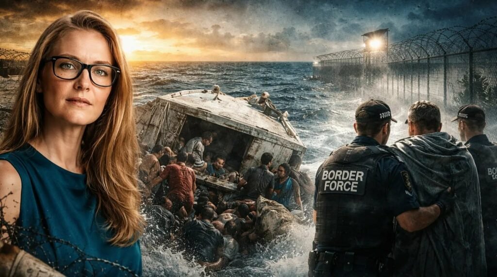 "Graphic collage showing Australian director Eva Orner alongside blurred investigative scenes of asylum seekers and makeshift detention camps on remote islands."