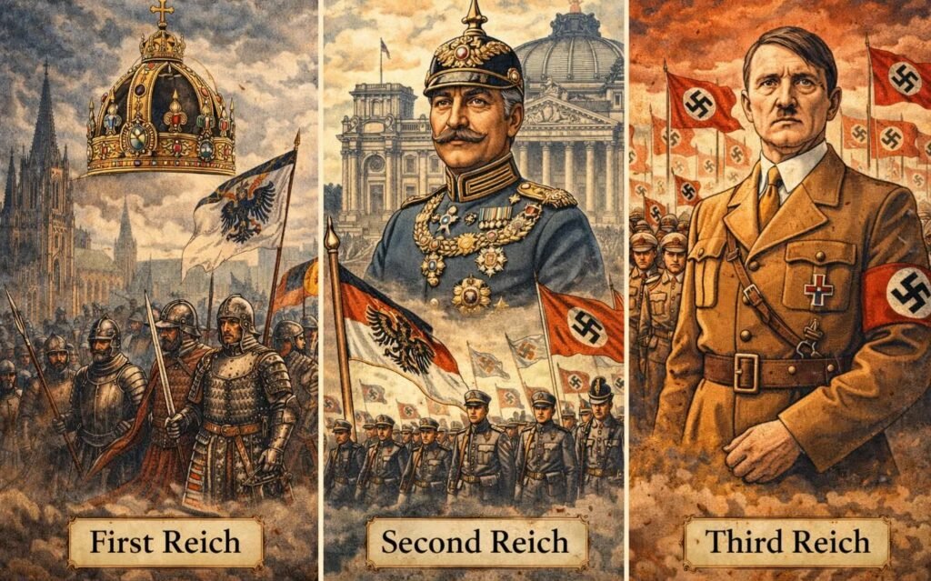 "لوحة تعبيرية تجمع رموز الإمبراطوريات الألمانية الثلاث: الرومانية المقدسة، البروسية، والنازية."