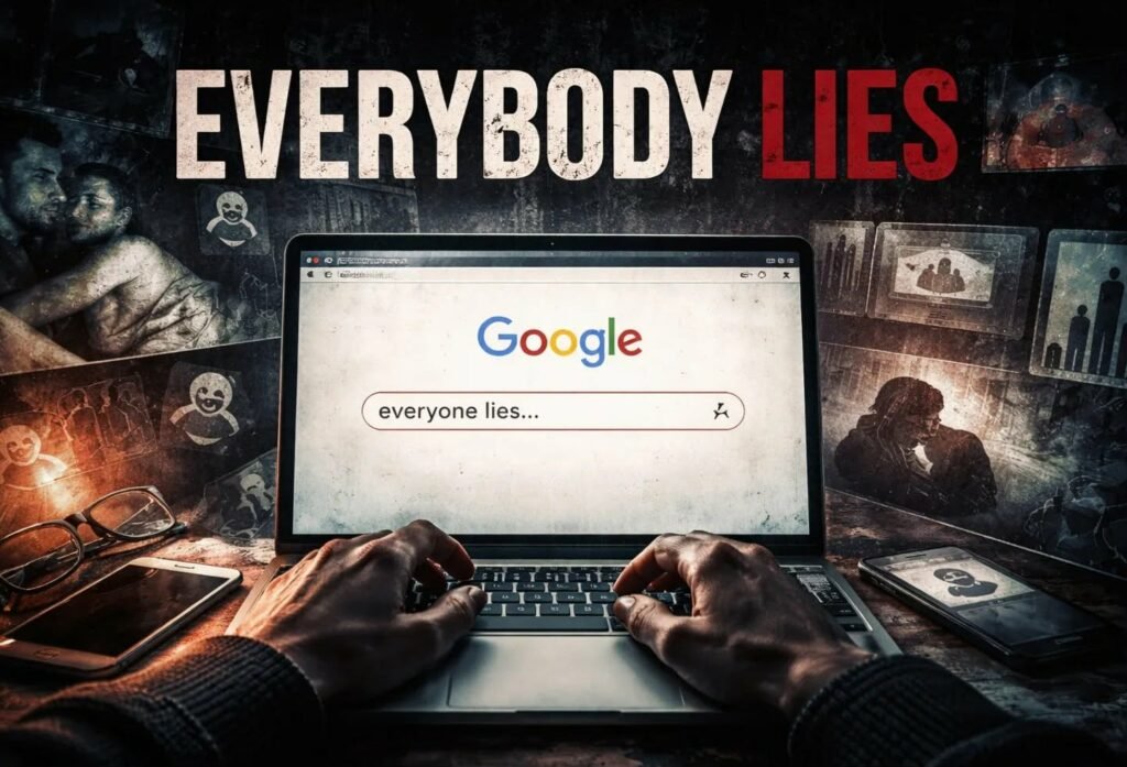 تمثيل بصري لمحرك بحث غوغل مع رموز تعبر عن أسرار بشرية مخفية تحت واجهة رقمية