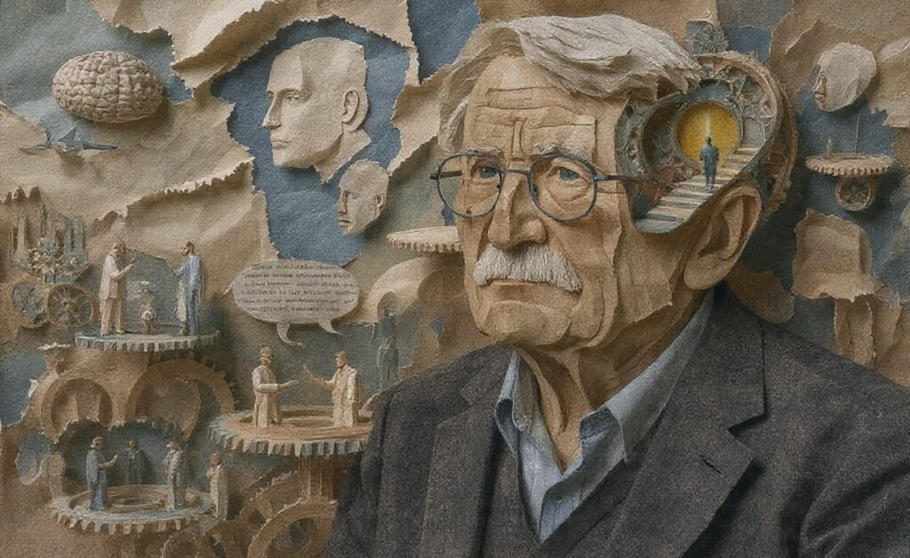 "بورتريه للفيلسوف الألماني يورغن هابرماس، أحد أعمدة مدرسة فرانكفورت وصاحب نظرية الفعل التواصلي، يظهر بملامح تأملية تعكس إرثه الفكري العميق في الدفاع عن الديمقراطية والفضاء العام."