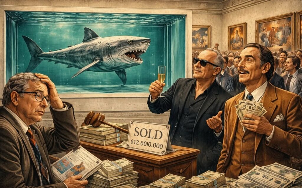 "عمل فني معاصر لقرش ميت في حوض زجاجي، يرمز لنظرية أندري كونشالوفسكي حول انحطاط الفن وتحوله إلى سلعة تجارية."