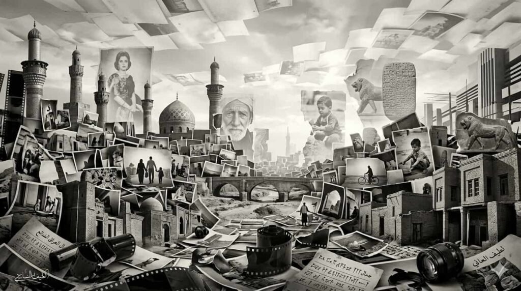 كولاج تعبيري بالأبيض والأسود يجسد ذاكرة المصور العراقي لطيف العاني وأرشيف العراق المفقود