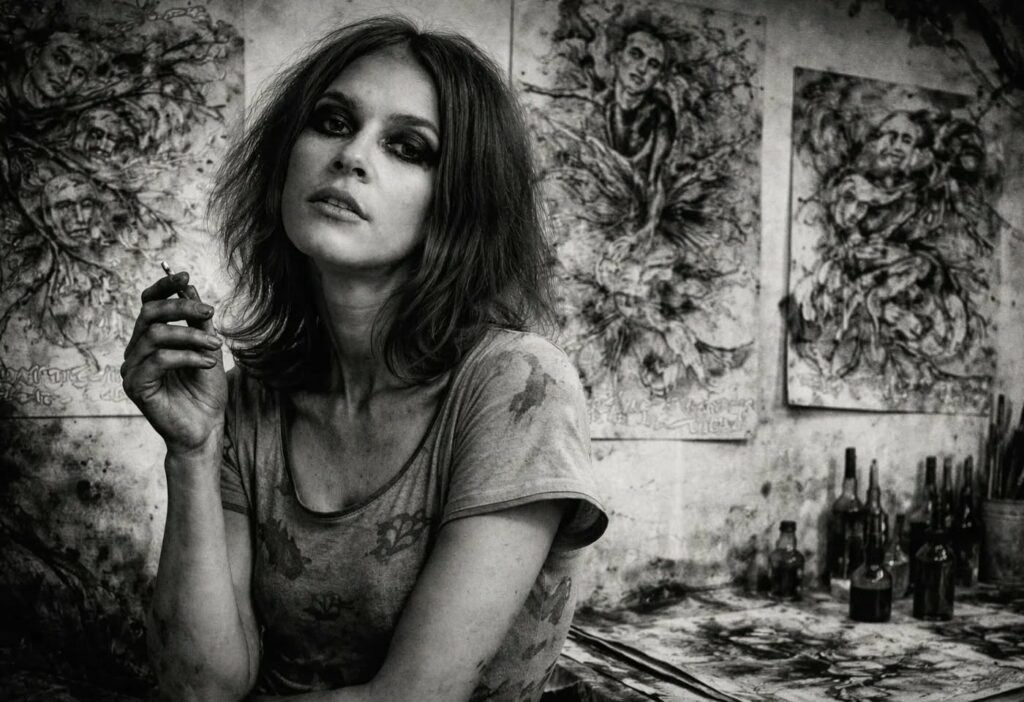 لقطة بالأبيض والأسود للفنانة السويدية لينا سفيدبرغ وهي تقف في معرض فني خلفها أعمالها الكاريكاتورية الجريئة