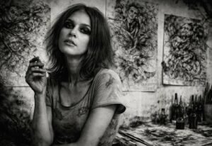 لقطة بالأبيض والأسود للفنانة السويدية لينا سفيدبرغ وهي تقف في معرض فني خلفها أعمالها الكاريكاتورية الجريئة