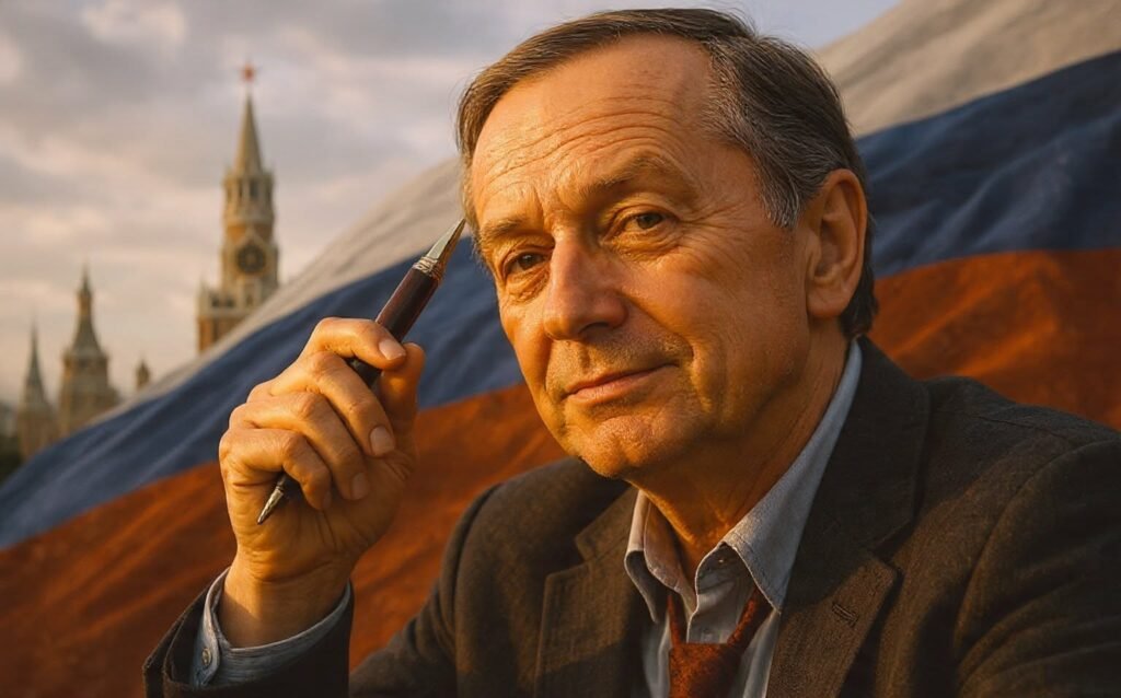 بورتريه للكاتب الساخر ميخائيل زادورنوف مع اقتباس حول زيف الديمقراطية