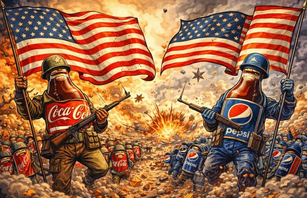 تصميم فني يجمع شعاري بيبسي وكوكا كولا فوق خلفية تعبر عن الحرب والنمو الصناعي الأميركي