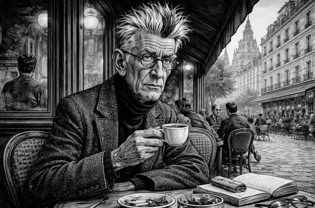 رسم كاريكاتوري فني لصموئيل بيكيت بملامح حادة ونظرة ساخرة، يجلس في مقهى باريسي تقليدي مع فنجان قهوة وسيجار صغير