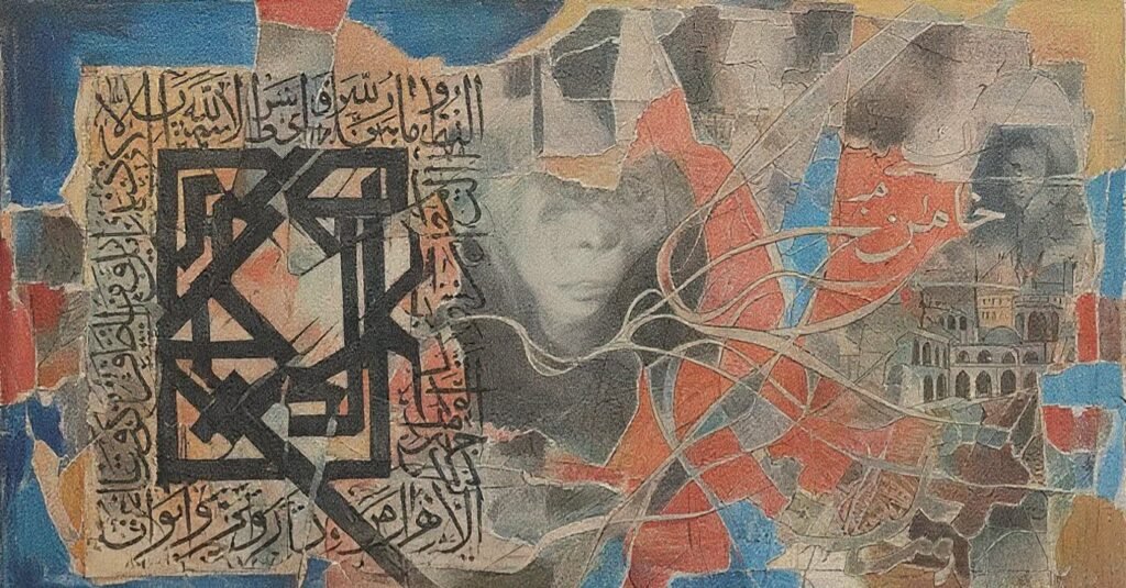 A detailed, high-resolution abstract fine art composition in a panoramic aspect ratio, built upon image_13.png. The scene is a textured collage of architectural fragments, calligraphic scripts, and distressed paint textures in deep indigo, ochre, and crimson. The centralized, hooded figure from image_13.png has been entirely removed. It is replaced by a newly emerged, stylized, confident abstract portrait of a young Middle Eastern woman, representing Sophie. Her eyes are open, looking directly forward with a composed expression. The features of her face are composed of fragmented and distressed paint strokes woven into the surrounding crimson, azure, and gold filigree patterns. Layers of transparent textiles, resembling a deconstructed veil, are integrated around her face but are actively pulled back by swirling, fluid abstract silver and gold paint strokes that flow from within and around her. All prominent calligraphic text, including the geometric Kufic script on the left and the scripts on the right from image_13.png, is fully preserved and integrated. The historical buildings on the far right remain, with a golden filament line now connecting Sophie's face to these diverse cultural elements, symbolizing her complex identity journey. The tactile paint textures are seamless, with film grain overlay.