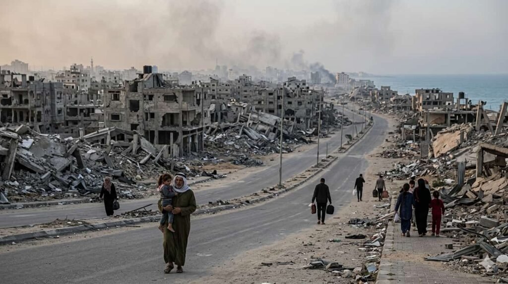 الأمومة والحداد: عندما تُختبر إنسانية العالم في غزَّة "Wide-angle panoramic view of massive destruction in a Gaza residential neighborhood. Devastated concrete buildings, ruins, and rubble lining the streets. A few civilians are seen walking through the debris carrying bags, depicting displacement and the humanitarian crisis. Dusty and grey atmosphere highlighting the scale of loss."