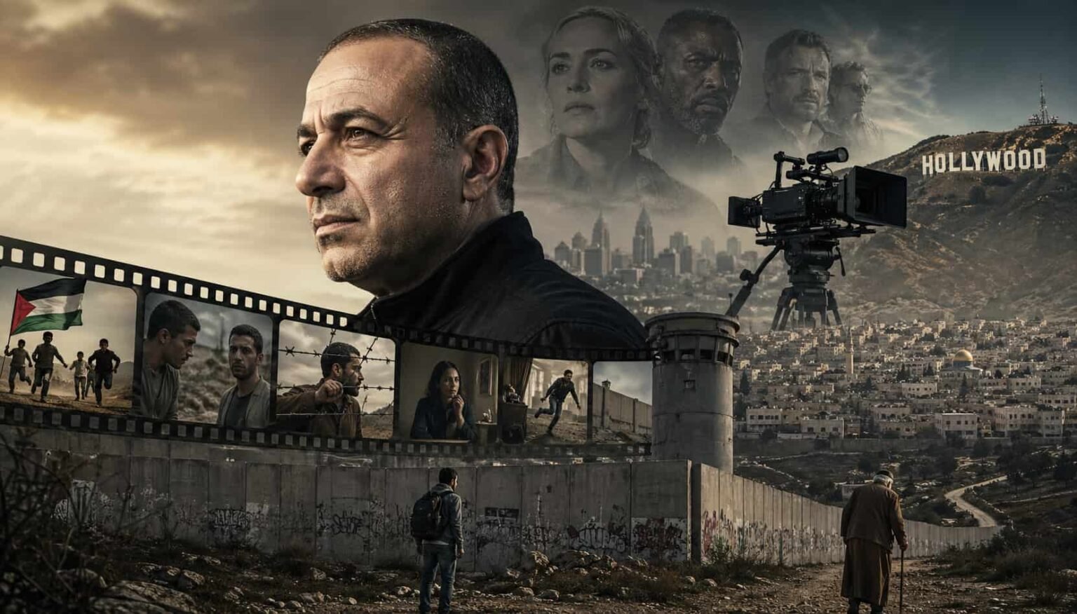 A high-contrast cinematic digital art piece symbolizing Palestinian cinema. A tall, imposing concrete wall cuts through the center of the frame, with a single film strip weaving through its cracks. On one side, a gritty urban landscape of Palestine under a dramatic sunset, and on the other, a stylized silhouette of Hollywood lights. The image conveys themes of struggle, surveillance, and global cinematic reach.