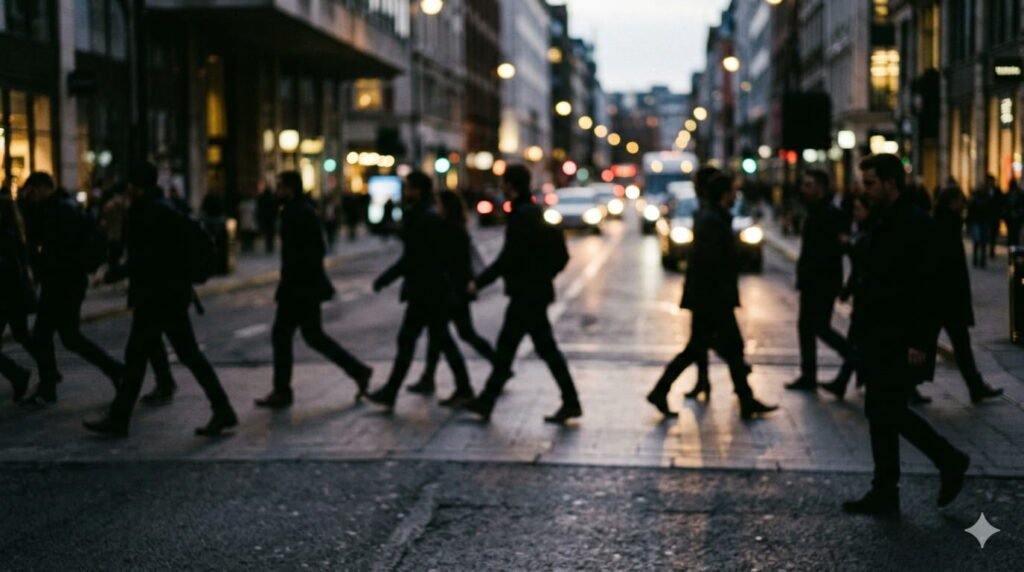 مشهد أفقي يظهر ظلالاً بشرية غير واضحة المعالم تتحرك في شارع مديني مزدحم مع انعكاسات ضوئية خافتة، تعبيراً عن التلاشي والوجود الإنساني في فلسفة تودوروف