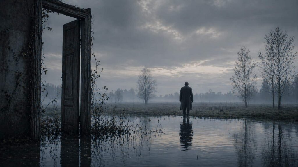 بين السينما الشعرية والشعر بالسينما: فكّ الاشتباك بين مفهومين ملتبسين A high-concept horizontal artistic image representing Poetic Cinema. It features a surreal blend of a vintage film reel dissolving into golden liquid light, with double-exposure layers of a thoughtful human silhouette and a misty, abstract horizon. The lighting is soft and atmospheric, emphasizing the transition from reality to a poetic, visual state. No text or clear faces, focusing on the texture of light and shadow.