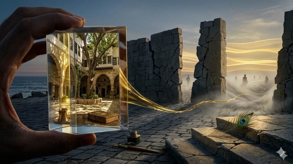A high-concept, horizontal digital art piece illustrating the theme of refuge and existential uncertainty. In the foreground, a person's hand holds a large, clear glass prism that refracts the scene into two contrasting worlds. Inside the prism's reflection, a nostalgic, sun-drenched traditional Arabic courtyard with a large green tree and old stone arches is visible, symbolizing a "past rooted in certainty." Outside the prism, the view shifts to a vast, misty landscape where ethereal, shadow-like figures walk toward a distant, glowing horizon of layered golden light, representing a "future as a realm of possibility." A fluid, glowing golden ribbon of light weaves through both scenes, connecting the memory to the unknown. On the cracked stone ground in the foreground, a single peacock feather and an antique inkwell with a quill pen rest, symbolizing art and writing as tools for survival. The lighting is dramatic, with a warm sunset glow contrasting with cool, melancholic shadows. No distinct human faces are visible, maintaining a universal and philosophical tone.