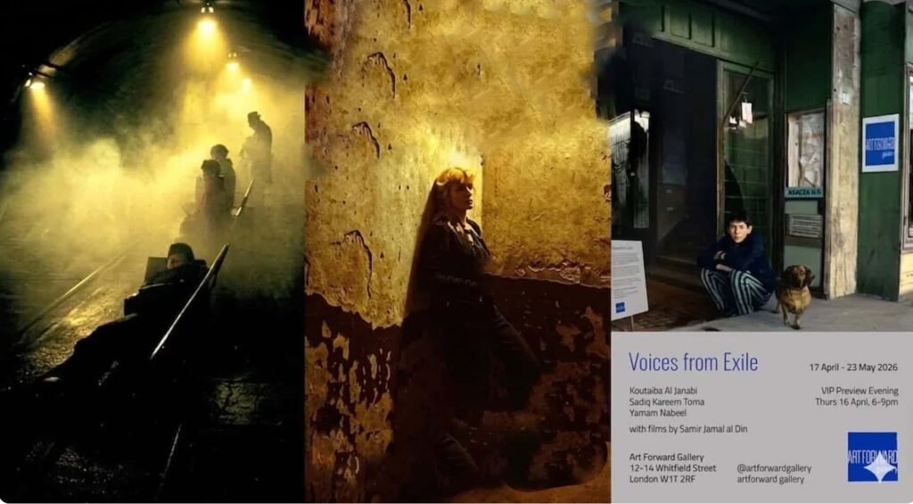 حوار فوتوغرافي يجمع المبدعين العراقيين في لندن "A composite image of 'Voices from Exile' exhibition in London, blending cinematic Iraqi photography with the official art gallery poster."