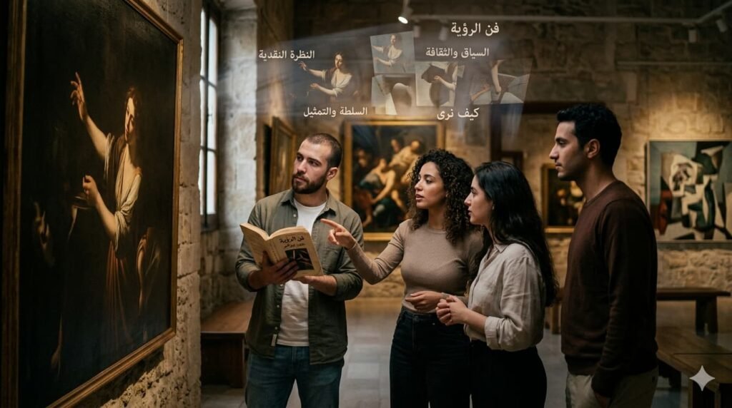 فن الرؤية عند جون بيرغر: الأرض لوحة كبيرة An horizontal conceptual art image representing John Berger's 'Ways of Seeing', showing people viewing and deconstructing art with visual projections of context, culture, and power symbols.
