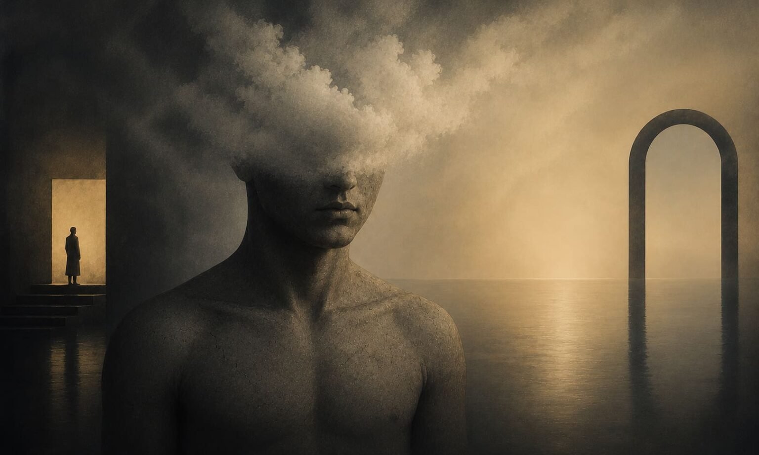 "A surrealist conceptual artwork of a man with his head partially obscured by white mist, standing before a vast misty horizon and a stone archway, symbolizing the fog of soul pain versus the clarity of physical existence as discussed in Khodor Salfeej's essay."