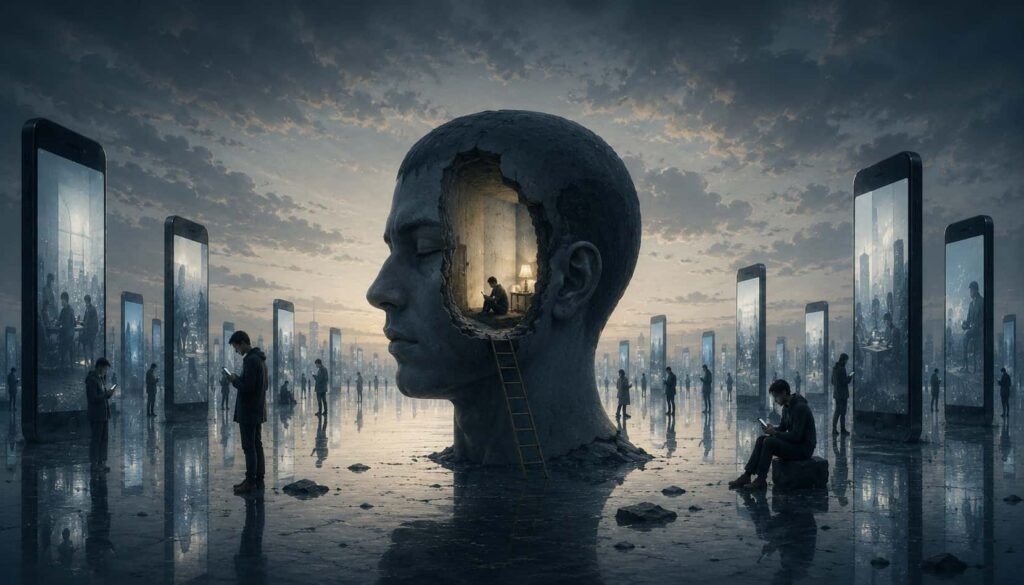 A conceptual photograph with a somber and minimalist tone, depicting people in a dark and cold world, dimly lit only by the cold blue light of smartphone screens, reflecting a sense of modern digital isolation.