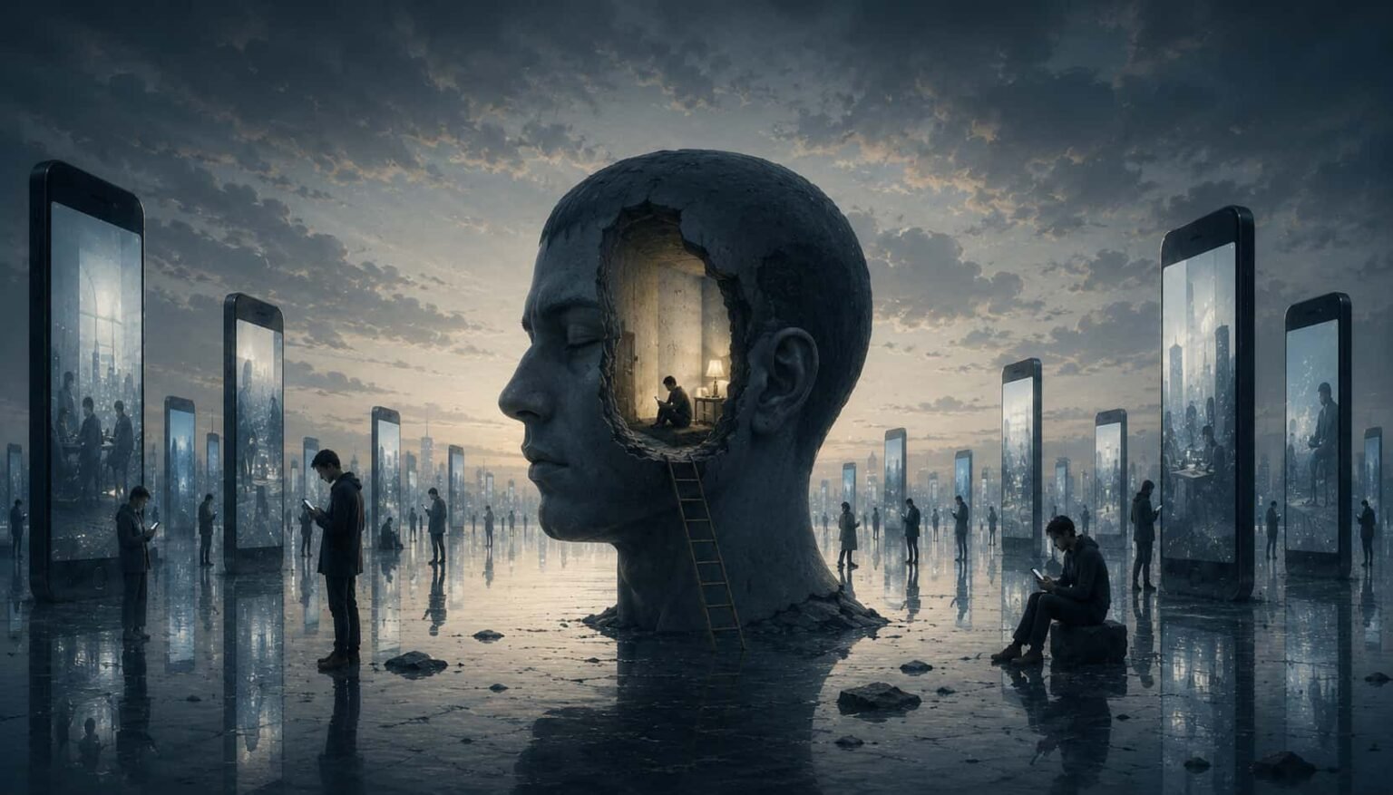 A conceptual photograph with a somber and minimalist tone, depicting people in a dark and cold world, dimly lit only by the cold blue light of smartphone screens, reflecting a sense of modern digital isolation.