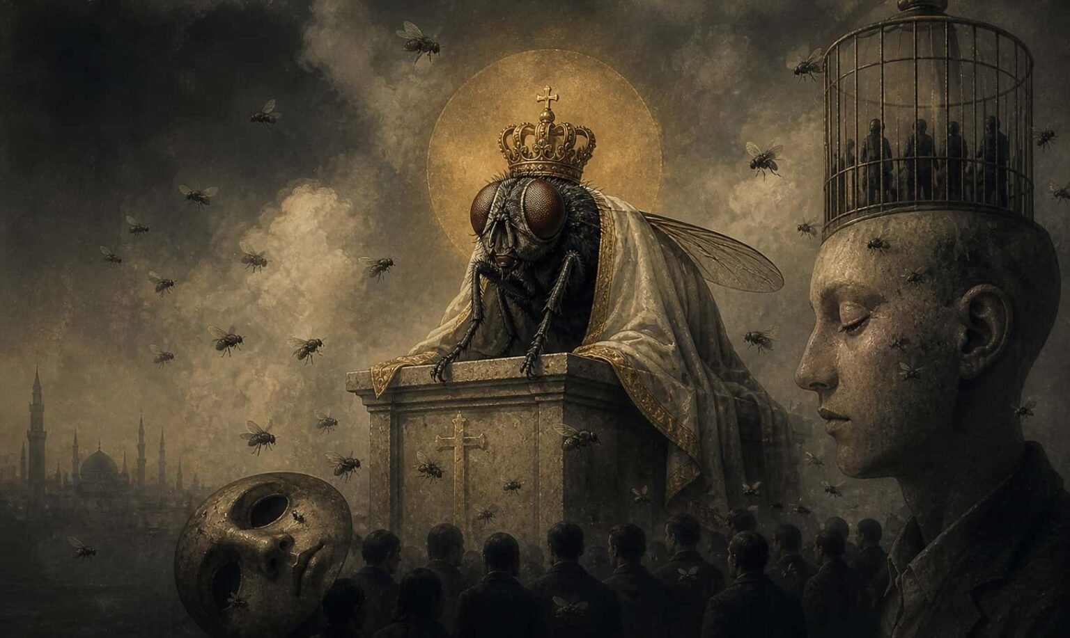 A surreal artwork depicting a giant crowned fly on a pedestal surrounded by followers and buzzing flies, symbolizing the "Sacred Electronic Flies" and organized digital propaganda against marginalized groups.