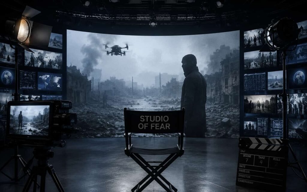 Conceptual image representing media propaganda and digital fear economy with smartphones and cinema aesthetics.