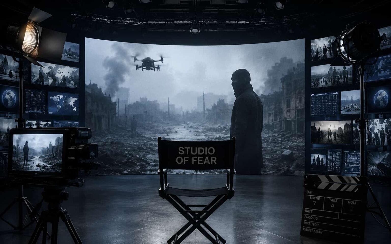 Conceptual image representing media propaganda and digital fear economy with smartphones and cinema aesthetics.