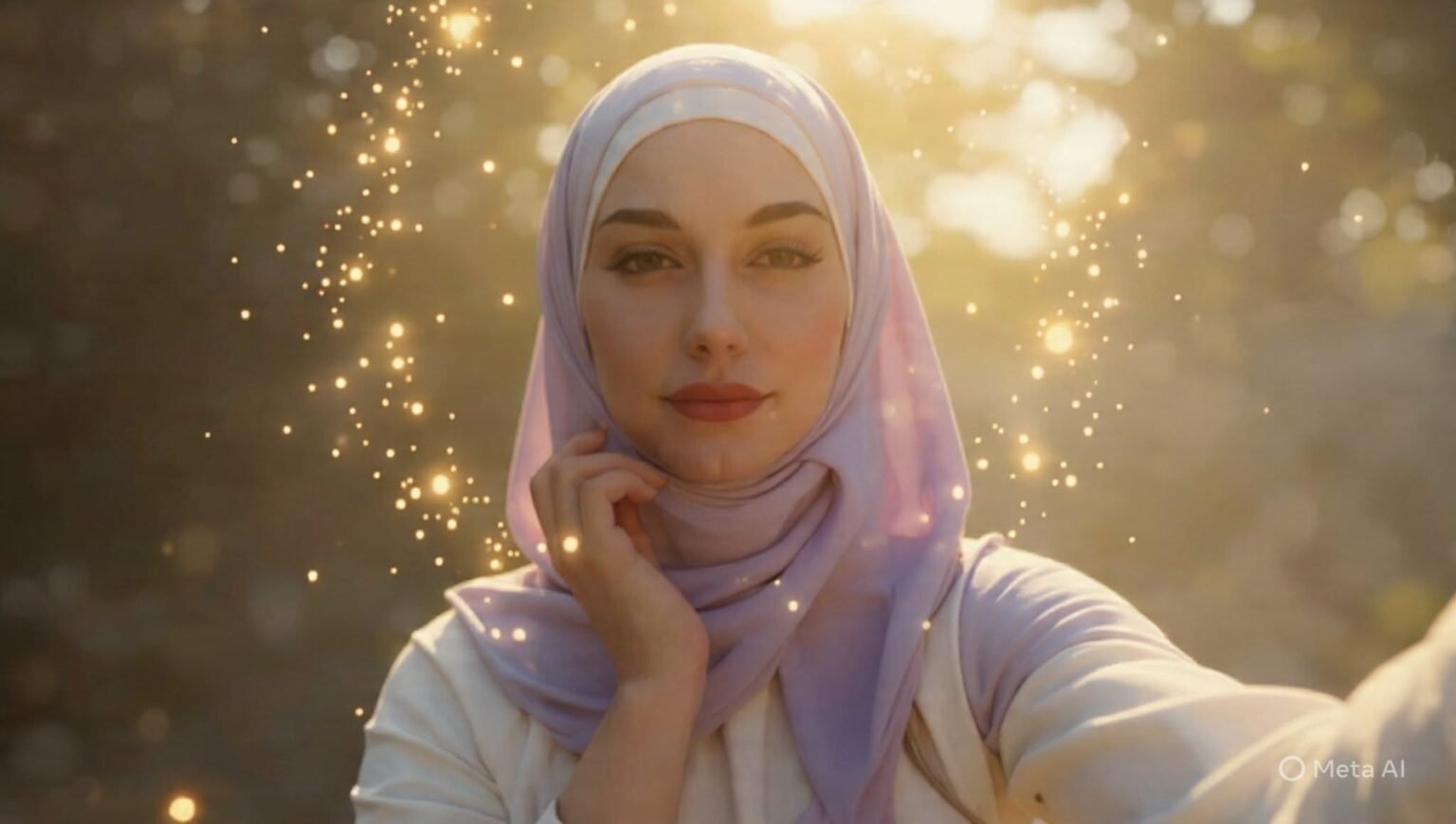 النص البديل (Alt Text) بالإنجليزية: A luminous and serene portrait of a young woman named Heba Moued wearing a light purple hijab. She is surrounded by a soft, golden ethereal glow with shimmering light particles, symbolizing purity and a soul lost to injustice. The background is blurred nature, focusing on her calm and dignified expression to counter the smear campaigns and honor her memory.