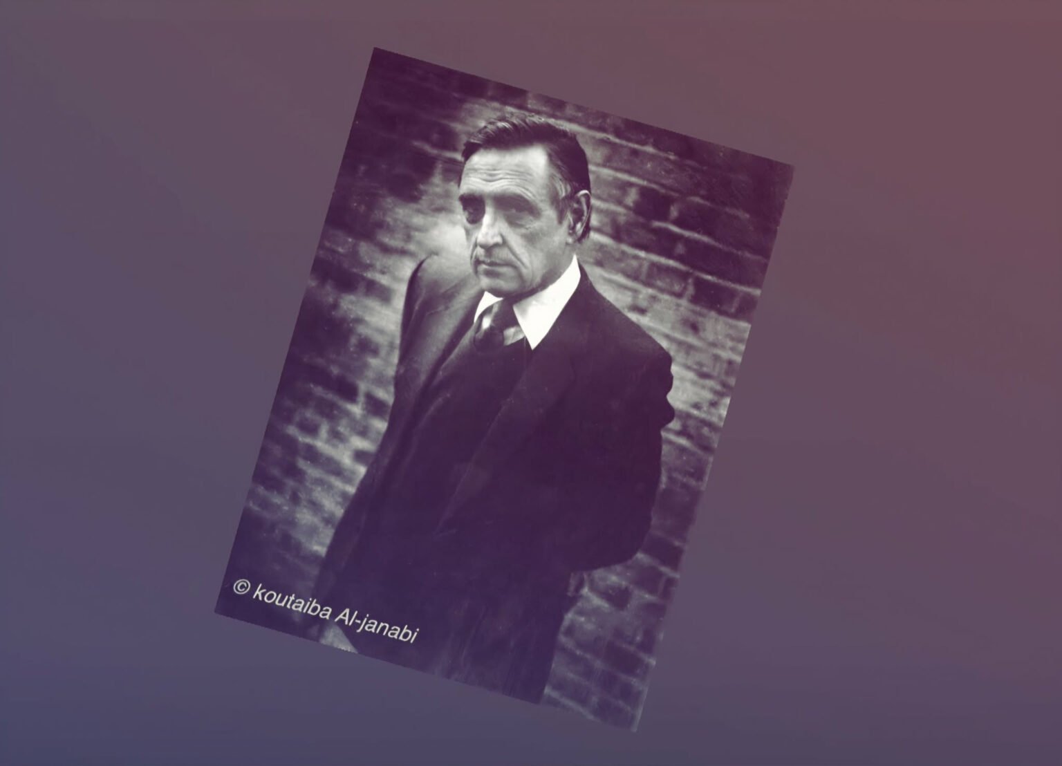 A black and white portrait of the late Iraqi poet Sadiq Al-Saigh, reflecting depth, history, and a visual elegy captured by filmmaker Koutaiba Al-Janabi.