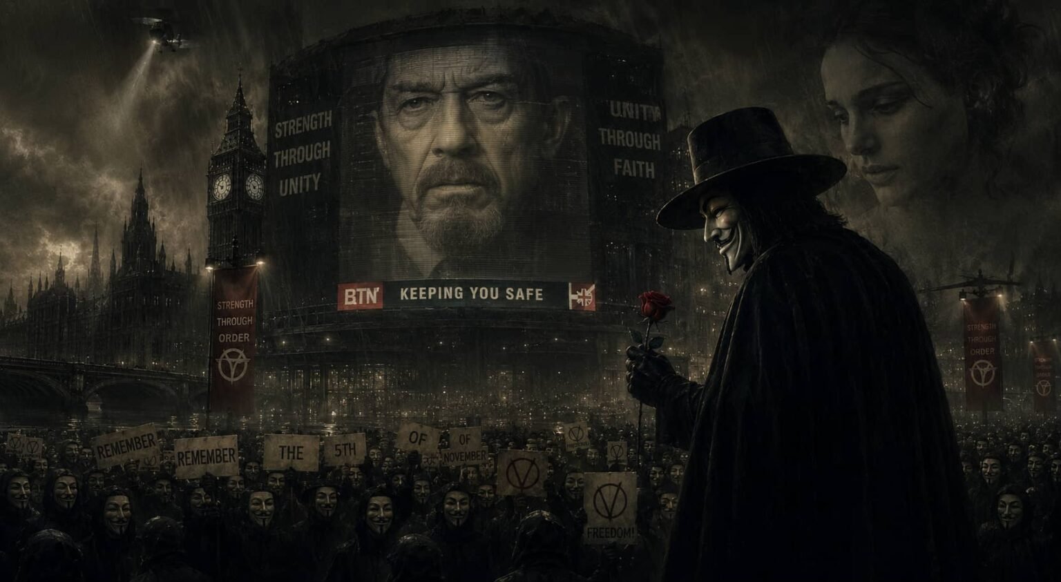 A symbolic digital art piece of "V for Vendetta" showing the masked protagonist holding a red rose in front of a crowd wearing Guy Fawkes masks. In the background, a massive screen displays the face of High Chancellor Adam Sutler with the slogans "Strength Through Unity" and "Unity Through Faith" above the London skyline and Big Ben