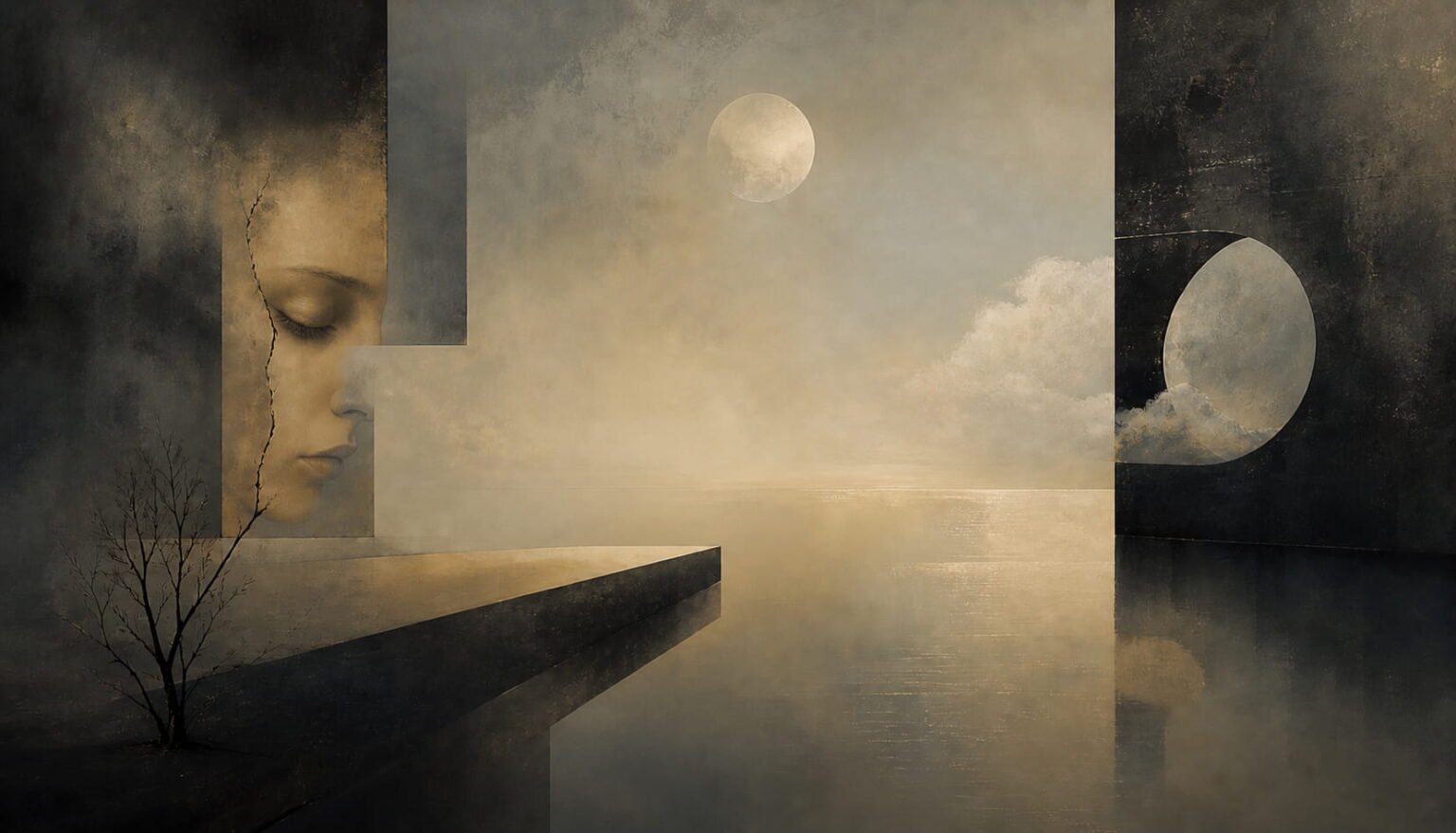 A wide surrealist painting representing Zeina Azar's poetry, featuring a fragmented face merging into stone walls, a hazy moon, and a dry tree branch against a vast, misty horizon, symbolizing the themes of "Collecting Myself".