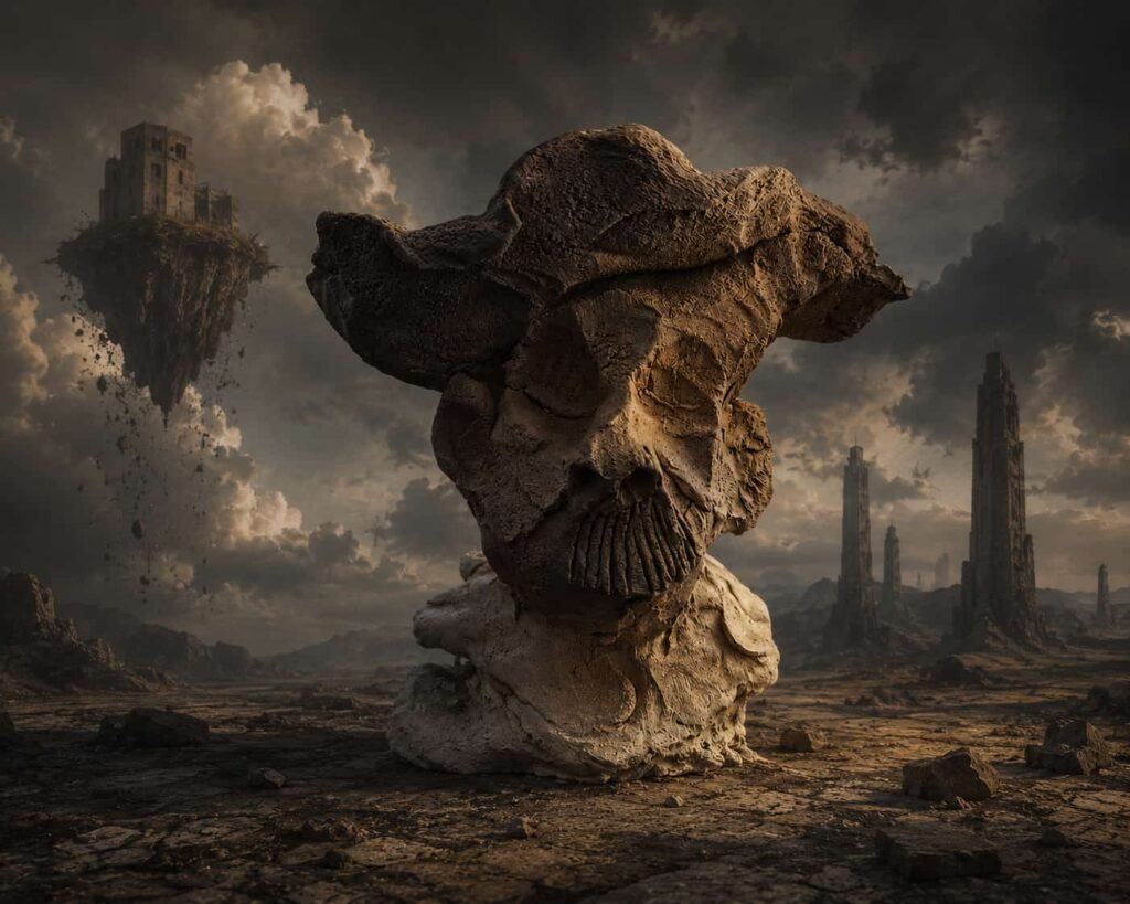 A surreal clay bust standing alone in a barren dreamlike landscape surrounded by floating ruins and distant towers, symbolizing exile, memory, loneliness, and existential reflection.