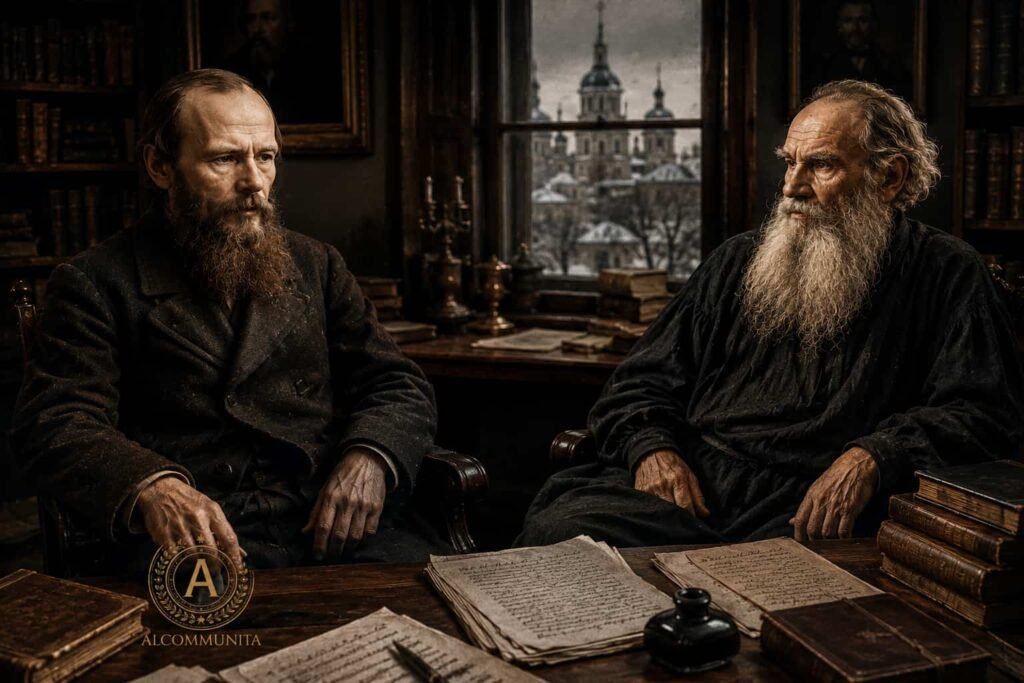Hyper-realistic cinematic portrait of Fyodor Dostoevsky and Leo Tolstoy seated in a nineteenth-century Russian study, representing the historic literary meeting that never happened, with vintage intellectual atmosphere and ALCOMMUNITA editorial seal.