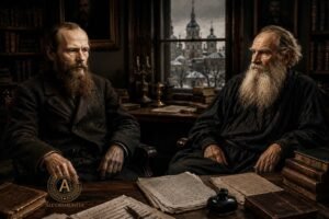 Hyper-realistic cinematic portrait of Fyodor Dostoevsky and Leo Tolstoy seated in a nineteenth-century Russian study, representing the historic literary meeting that never happened, with vintage intellectual atmosphere and ALCOMMUNITA editorial seal.