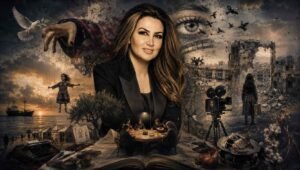 Surreal horizontal portrait of Palestinian screenwriter Eman Al-Saeed, blending cinematic imagery, memory fragments, Gaza narratives, storytelling symbols, and dreamlike visual elements inspired by contemporary Arab surrealism.