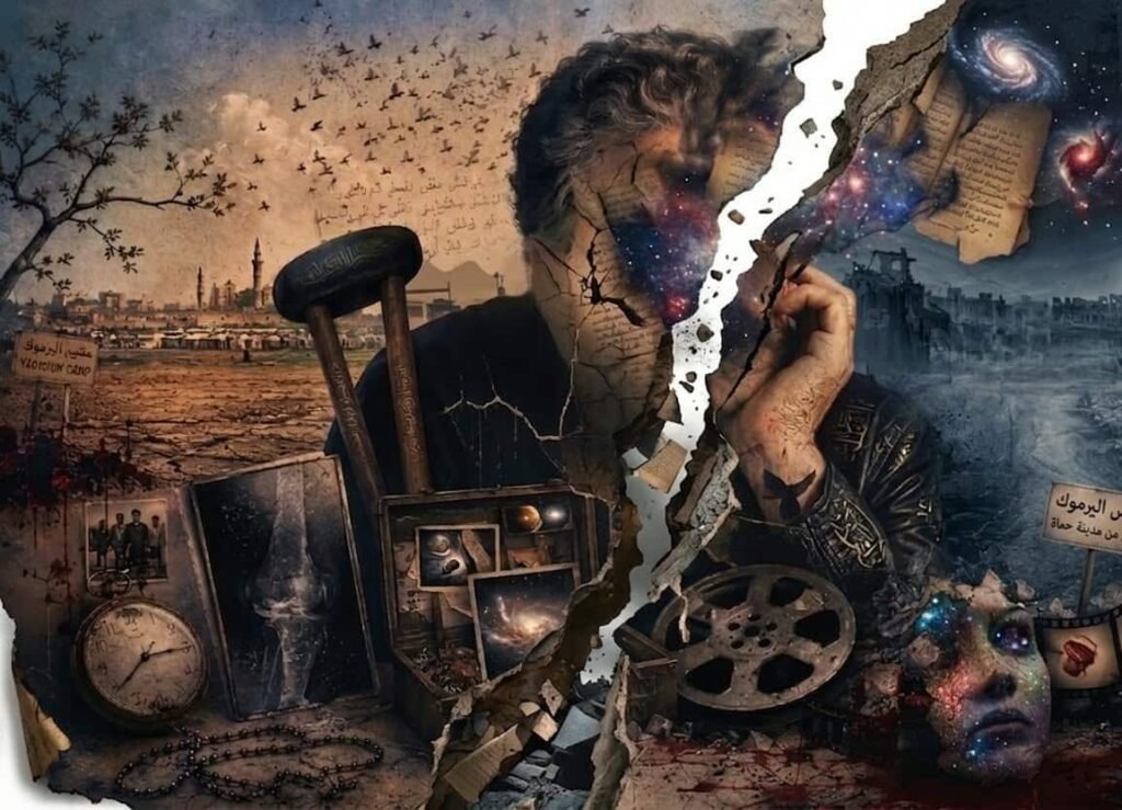 "A surreal digital collage artwork depicting a man's broken portrait split down the middle by a jagged crack revealing a starry galaxy inside. The left side shows a desolate desert landscape with a sign that reads 'Yarmouk Camp', a wooden crutch, an old clock, and an X-ray of a knee joint. The right side shows a ruined urban city with a sign that reads 'From Hama City', a film reel, and an abstract face blending into outer space. Birds fly across the smoky, dramatic sky connecting both sides of the fractured memory."
