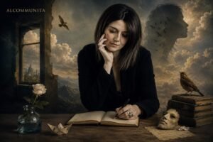 Surreal editorial portrait inspired by Italian poet Ilaria Giovinazzo exploring beauty, solitude, clouds and existential fragility