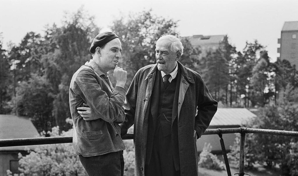 Director Ingmar Bergman and actor Victor Sjostrom on the set of the film Wild Strawberries in 1957