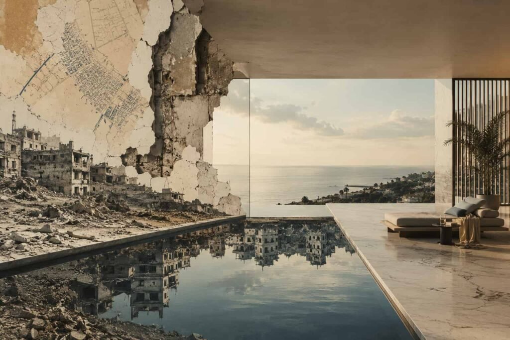 Surreal editorial collage showing a luxury modern apartment overlooking the sea, while one side of the architecture dissolves into ruins, cracked walls, destroyed landscapes, and fragmented historical textures reflecting in a dark infinity pool.
