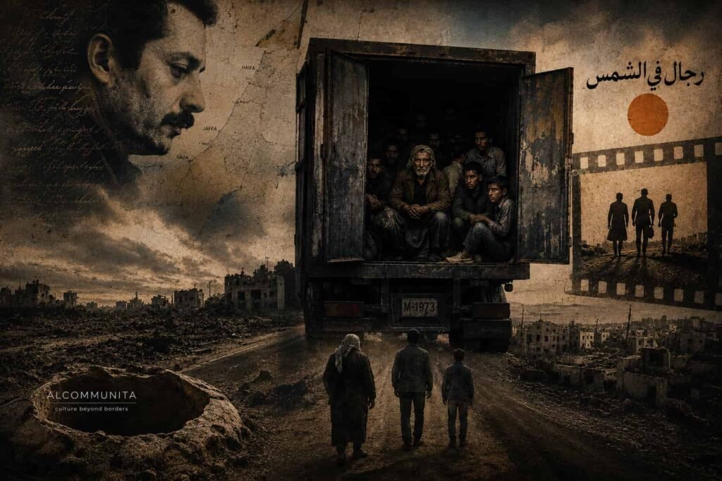 Surreal cinematic artwork showing three displaced figures walking toward a dark transport truck in a devastated landscape, symbolizing exile, betrayal, silence, and the haunting legacy of Men in the Sun.