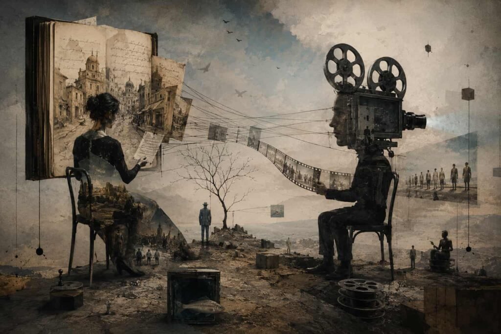 Surreal conceptual artwork depicting the debate between literature and cinema, featuring an open book connected to a vintage film projector through fragmented visual narratives, symbolizing the cultural controversy surrounding Palestine 36 and the adaptation of historical Palestinian stories.