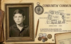 "A vintage digital collage for the Photomaton section on a rustic paper background. On the left, a framed black and white portrait of a young boy looking directly forward. To the right, a hand-drawn architectural map layout titled 'COMIUNITA' COMMUN' showing areas like 'Play Area', 'Communal Canteen', and 'Library'. An antique pocket compass, a wooden pencil, a small stack of old coins, and the corner of an old booklet with an Arabic index are arranged around the blueprint map."