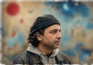 "An artistic cinematic portrait of the Palestinian poet Saad Al-Abtah in profile, looking to the right. He has curly dark hair showing under a black beret, a light beard, and is wearing a black leather jacket over a grey zippered hoodie. The background is a soft, blurred surrealist painting with warm sand tones on the left featuring a large dim red sun, blending into cool, dreamlike blue and azure brushstrokes on the right."