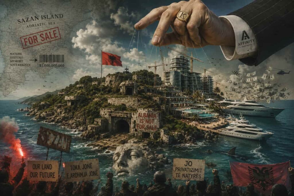 A surreal horizontal artwork depicting Albania’s Sazan Island transformed into a luxury neoliberal dreamscape, where towering golden resorts emerge from the sea while ghostly ruins, disappearing forests, and shadowy investors loom over the Adriatic horizon, symbolizing the conflict between memory, nature, and global capital.