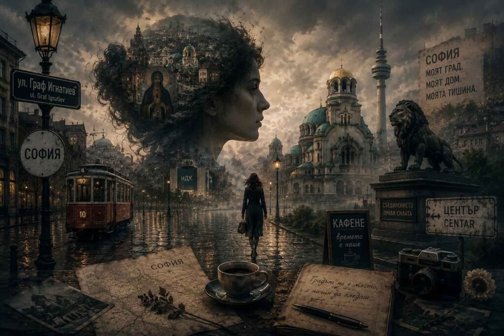 Surreal artwork inspired by Sofia, Bulgaria, depicting a dreamlike cityscape where memory, identity, and imagined lives merge through misty streets, symbolic architecture, and a contemplative female silhouette.