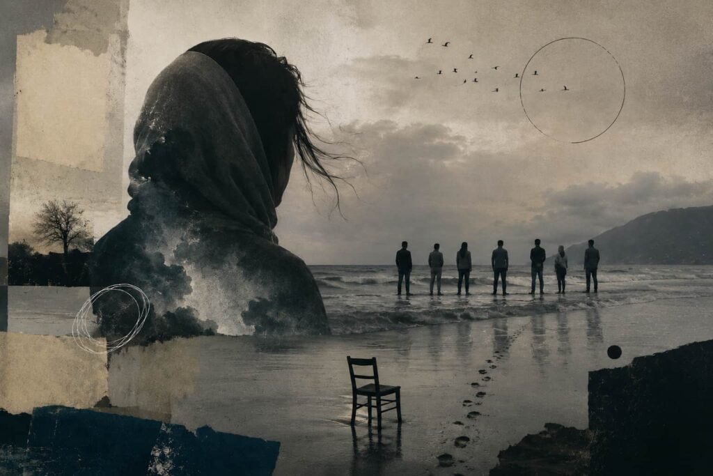Surreal cinematic collage inspired by About Elly featuring a solitary woman facing the sea, distant figures on a shoreline, an empty chair, and symbolic traces of disappearance under a muted dramatic sky.
