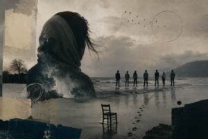Surreal cinematic collage inspired by About Elly featuring a solitary woman facing the sea, distant figures on a shoreline, an empty chair, and symbolic traces of disappearance under a muted dramatic sky.