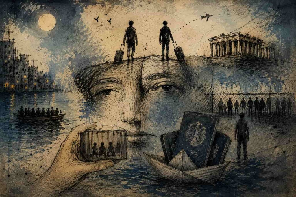 Surreal horizontal artwork depicting the tragedy of migration, featuring a divided human face, refugees carrying luggage, boats at sea, barbed-wire borders, passports, and distant cityscapes symbolizing exile, displacement, and the fragile dream of reaching Europe.
