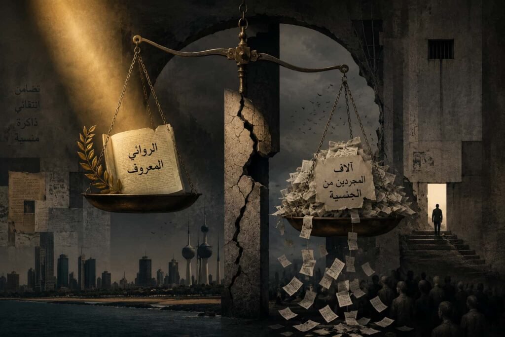 Surreal editorial artwork showing a fractured justice scale balancing a glowing manuscript against thousands of scattered anonymous documents, symbolizing selective solidarity and unequal recognition in cultural discourse.